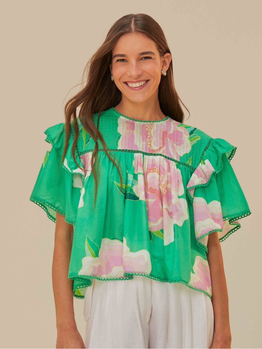 FARM Rio Green Pink Floral Flutter Sleeve Blouse Top Womens Large